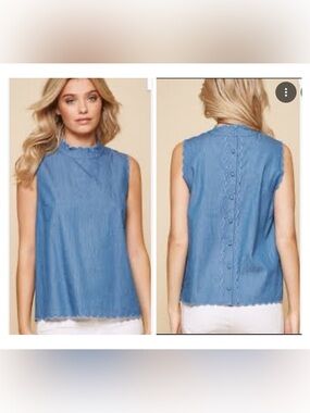 Sezane EU40/US8 Blue Chambray Scalloped Trim Sleeveless Back Button Blouse Top